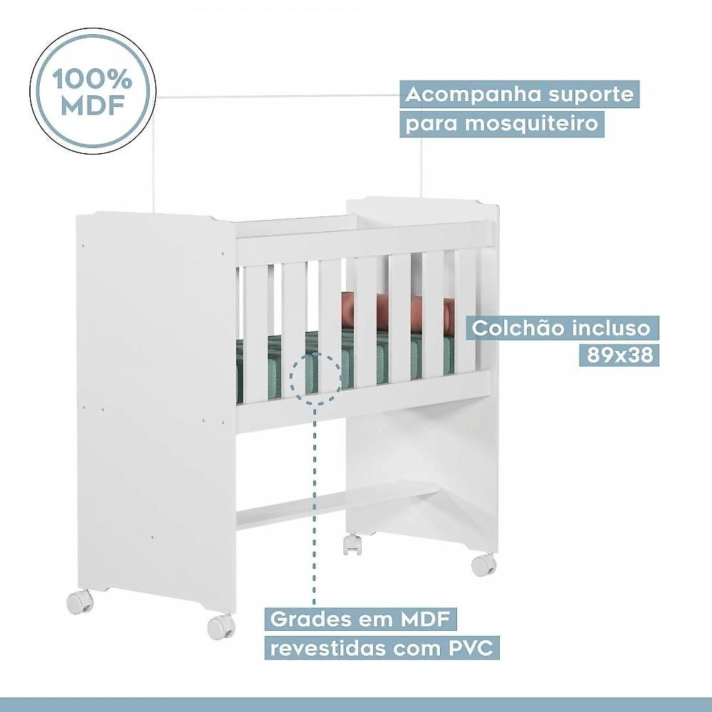 Quarto de Bebê 100% MDF com Mini Berço E Roupeiro Life 3 Portas Branco