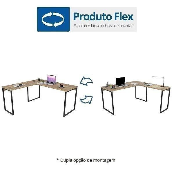 Miniatura Mesa de Escritório em L Estilo Industrial 1,50Mx1,50M Kuadra Compace Preto Onix