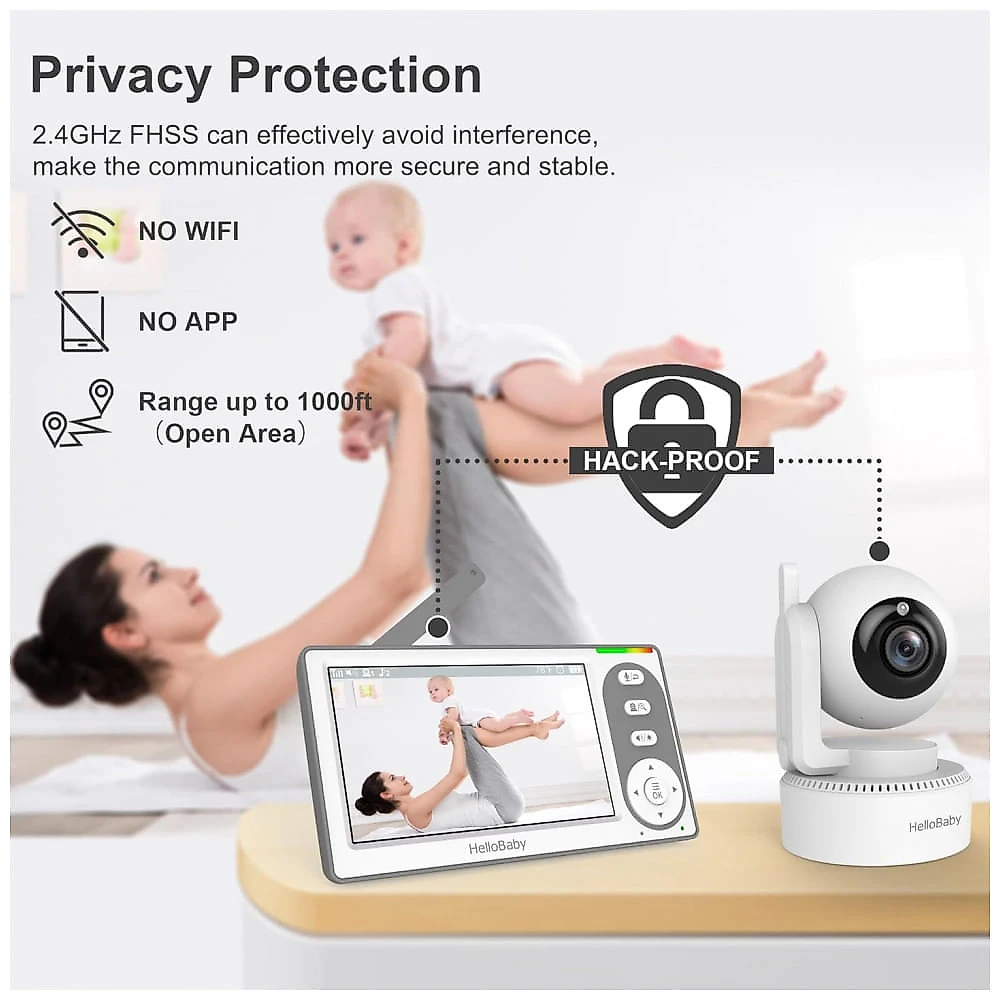 Babá Eletrônica HelloBaby 10 cm com Bateria de 30 Horas, Controle Remoto PanTiltZoom Sem WiFi, Câmera e Áudio, Visão Noturna, Modo ECO