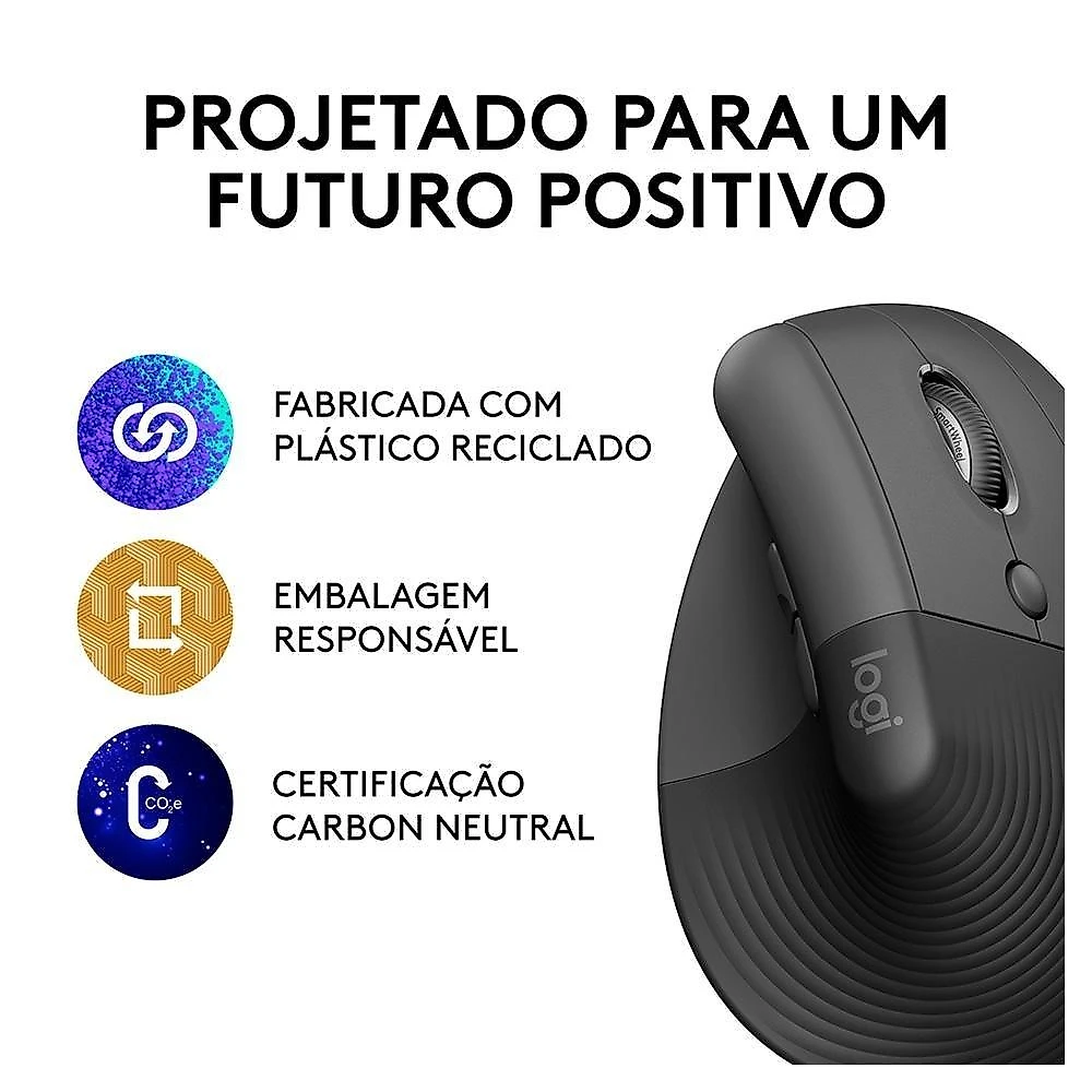 Mouse Sem Fio Logitech Lift, 4000 DPI, 6 Botões, Bluetooth, Ergonômico, USB, Grafite - 910-006466