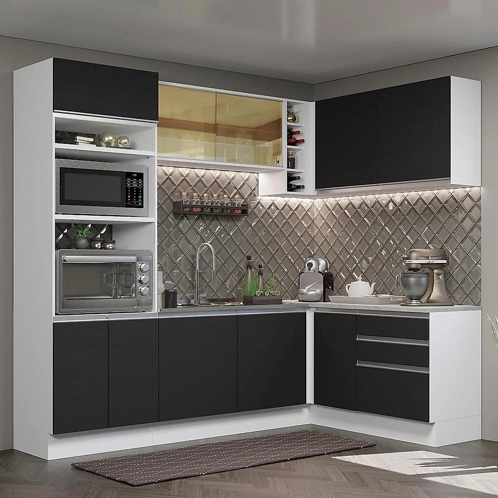 Cozinha completa de canto madesa glamy 399002 com armário e balcão (sem tampo e pia) - branco/preto
