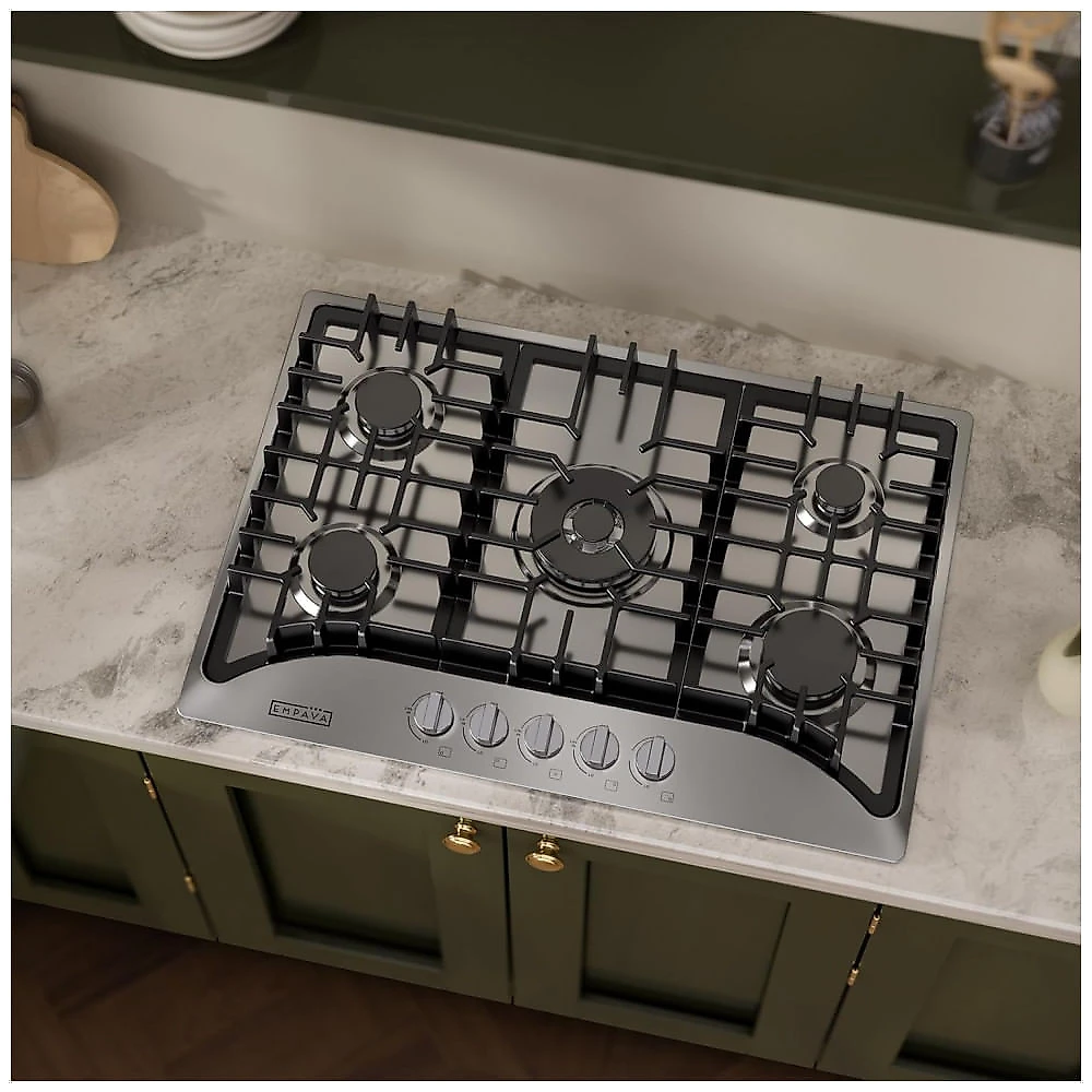 Cooktop a gás 76cm Empava inox 5 queimadores SABAF selados 31600BTU dual fuel GN/GLP ignição elétrica 110V