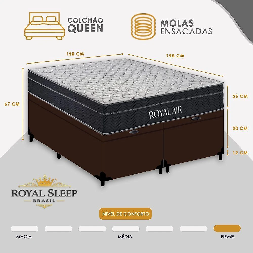 Cama Box com Baú Queen Royal Air Pillow Top Molas Ensacadas Marrom Royal