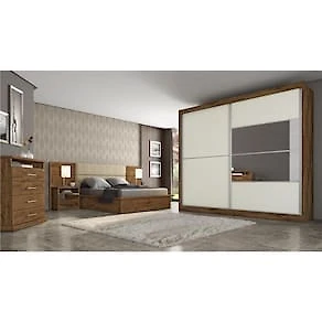 Miniatura Guarda-Roupa Casal Móveis Europa Londres Flex com Espelho, 2 Portas de Correr e 4 Gavetas - 205cm de largura Brauna/Off White