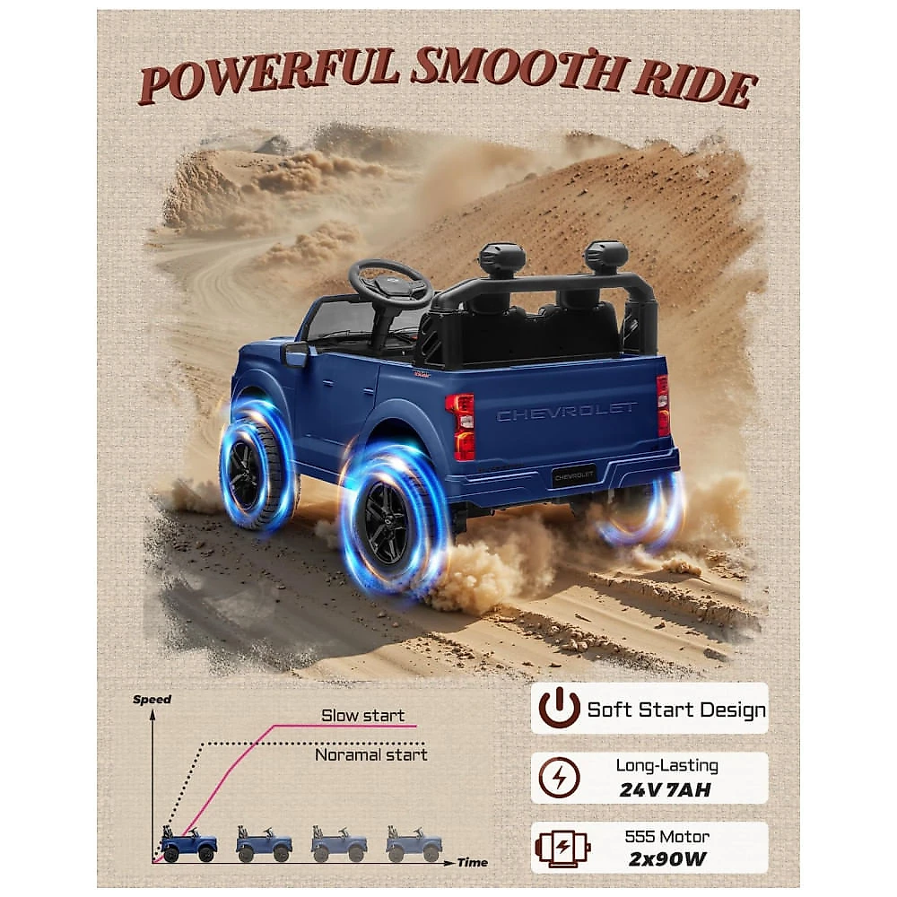 Carro Elétrico Infantil Chevrolet Silverado 24V Azul 2 Lugares com Controle Remoto, Bluetooth, Luzes LED e Cinto de Segurança
