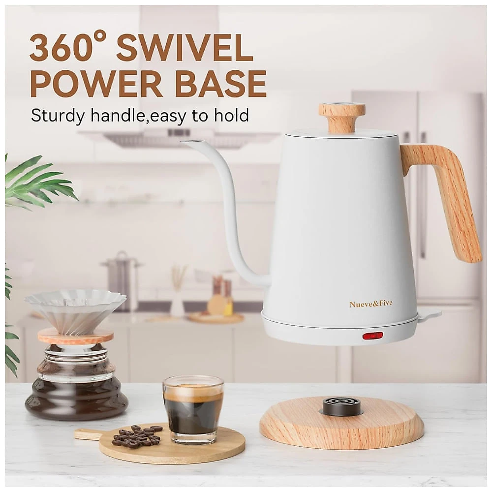 Chaleira Elétrica Nueve&Five Gooseneck 1L, 1000W, Aço Inox, Desligamento Automático e Termômetro - Prepare água quente com precisão!