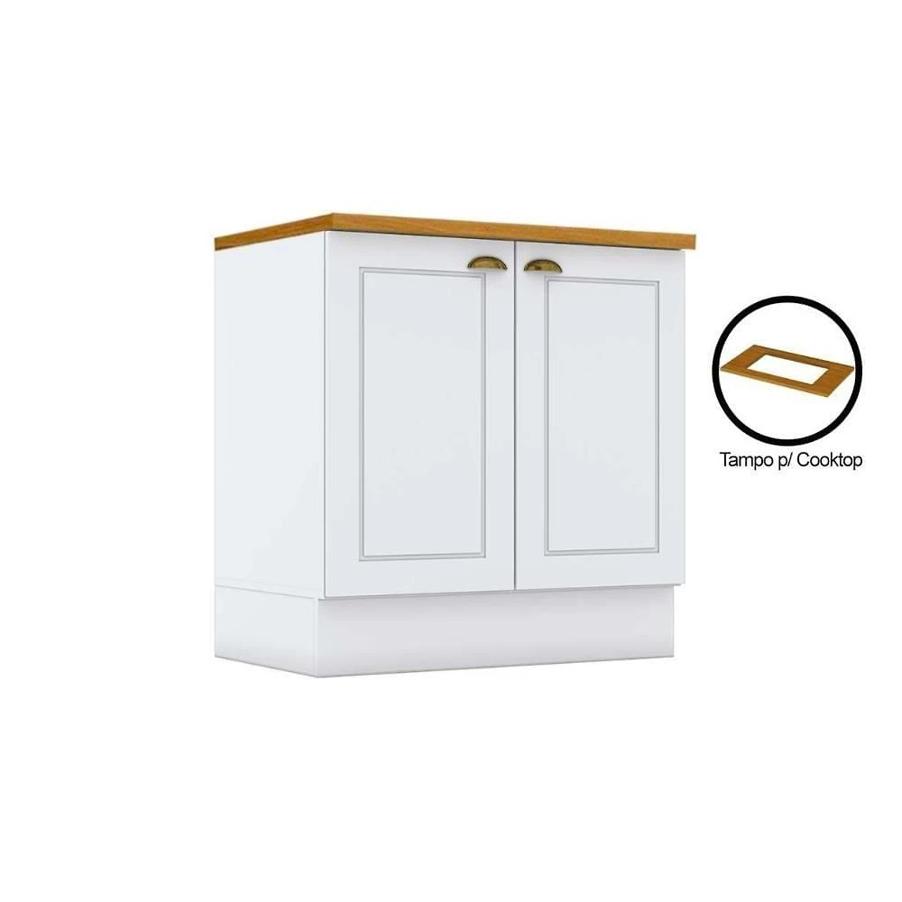 Módulo Cozinha Americana Balcão Com Tampo Para Cooktop Com 2 Portas 80cm Branco2 Aéreos + 1 Balcão + 1 Complemento