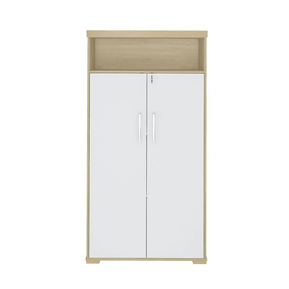 Kit 4 Peças com Mesa para Escritório Diretor em L, Armário Multiuso Alto, Armário Baixo e Balcão com Conjunto Mesa Tamburato 1400 Mesa de Apoio Balcão 2 portas Balcão com Gavetas e Armário com nicho Carvalho/Branco