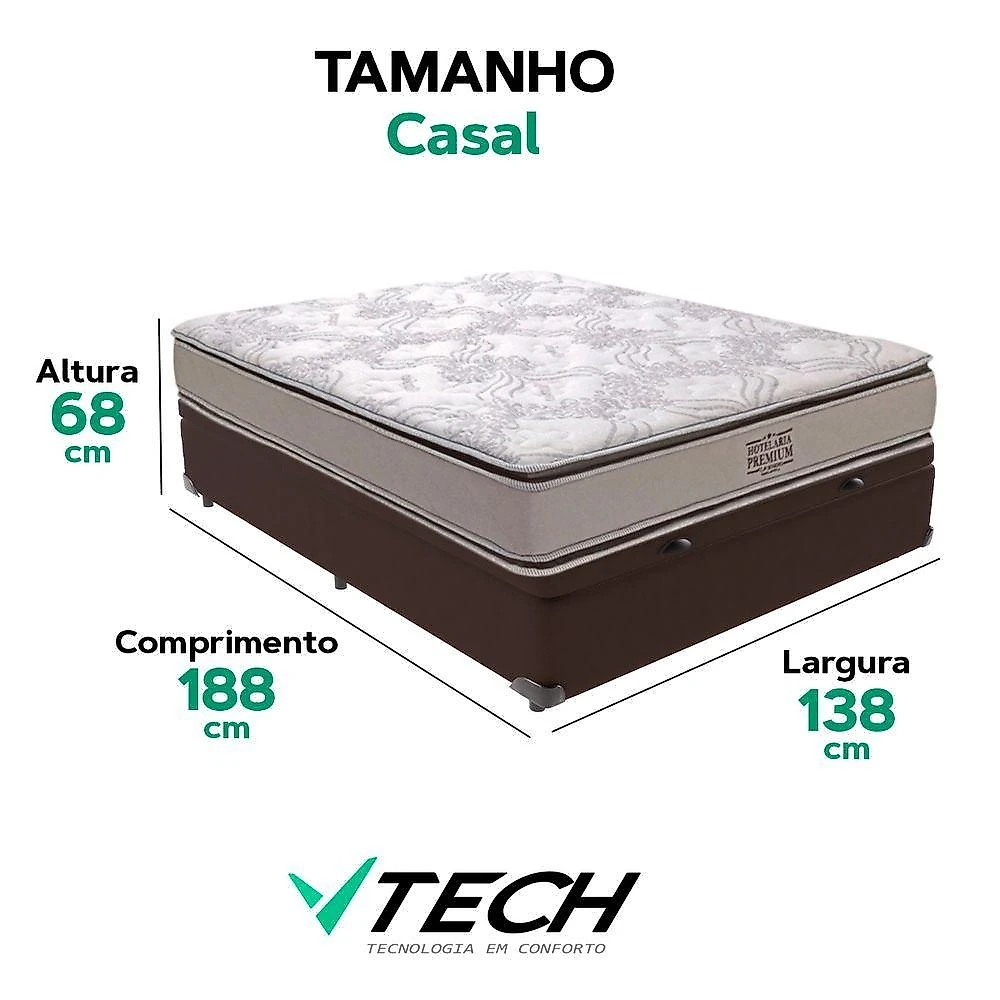 Cama Box com Baú Casal Bravus com Colchão Four Season Molas Ensacadas Pillow Top Marrom Vtech