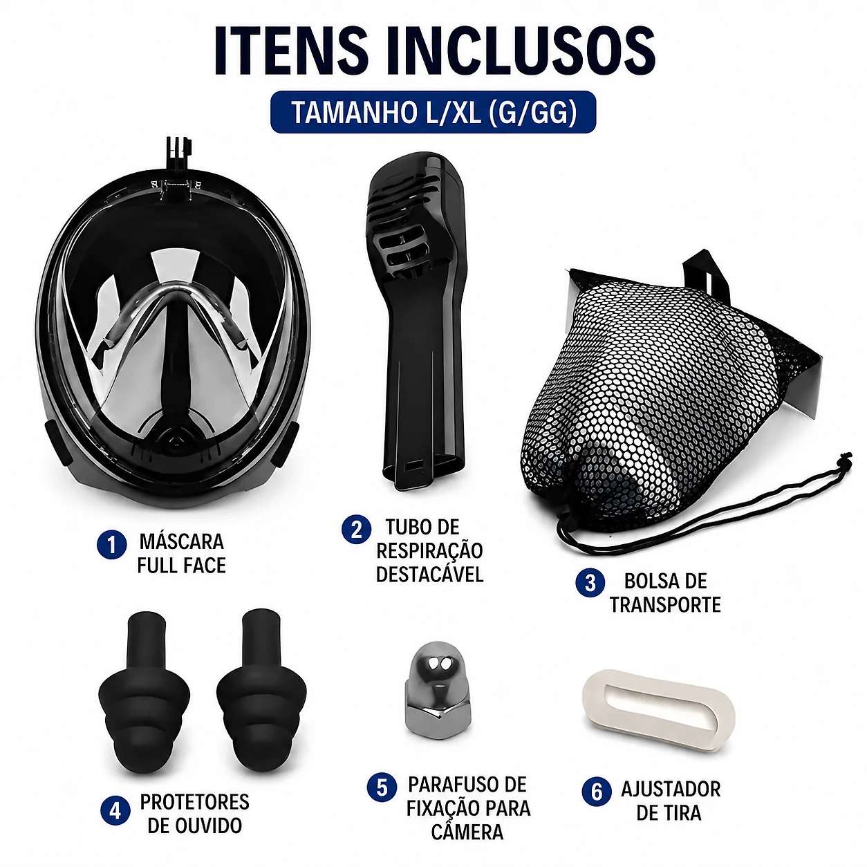 Miniatura Máscara de Mergulho Snorkel Full Face Free Breath Preta com Suporte GoPro