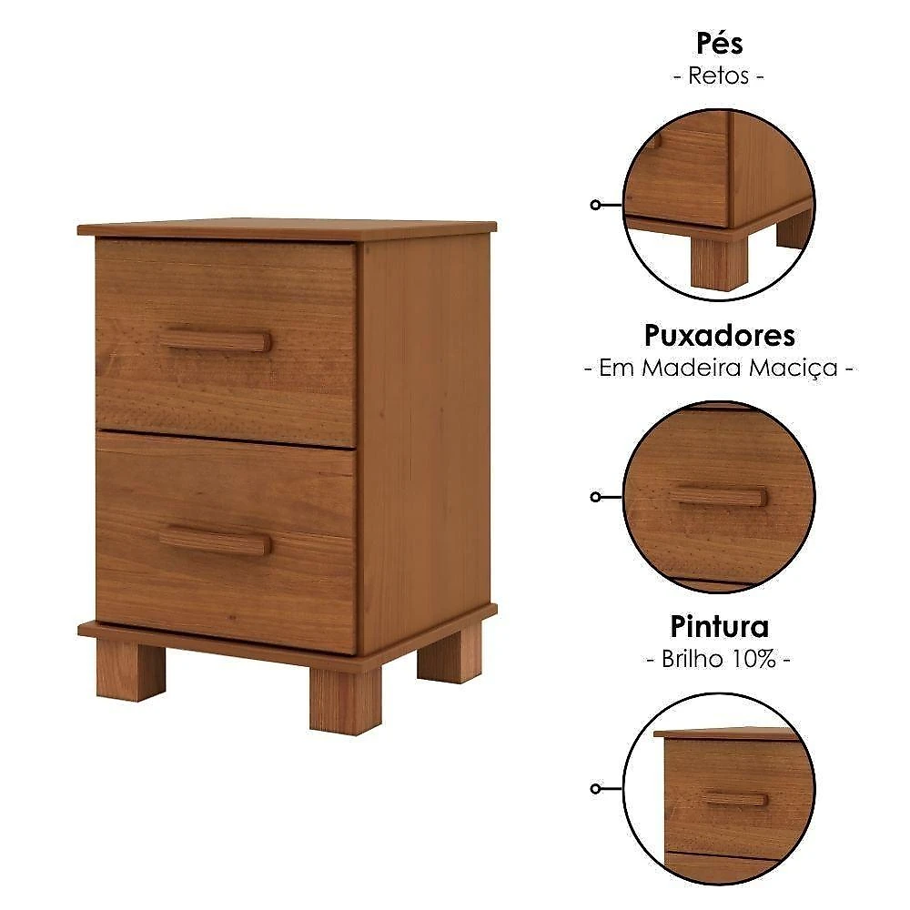 Mesa de Cabeceira 1137C 2 Gavetas Madeira Maciça Castanho Milani Movelaria