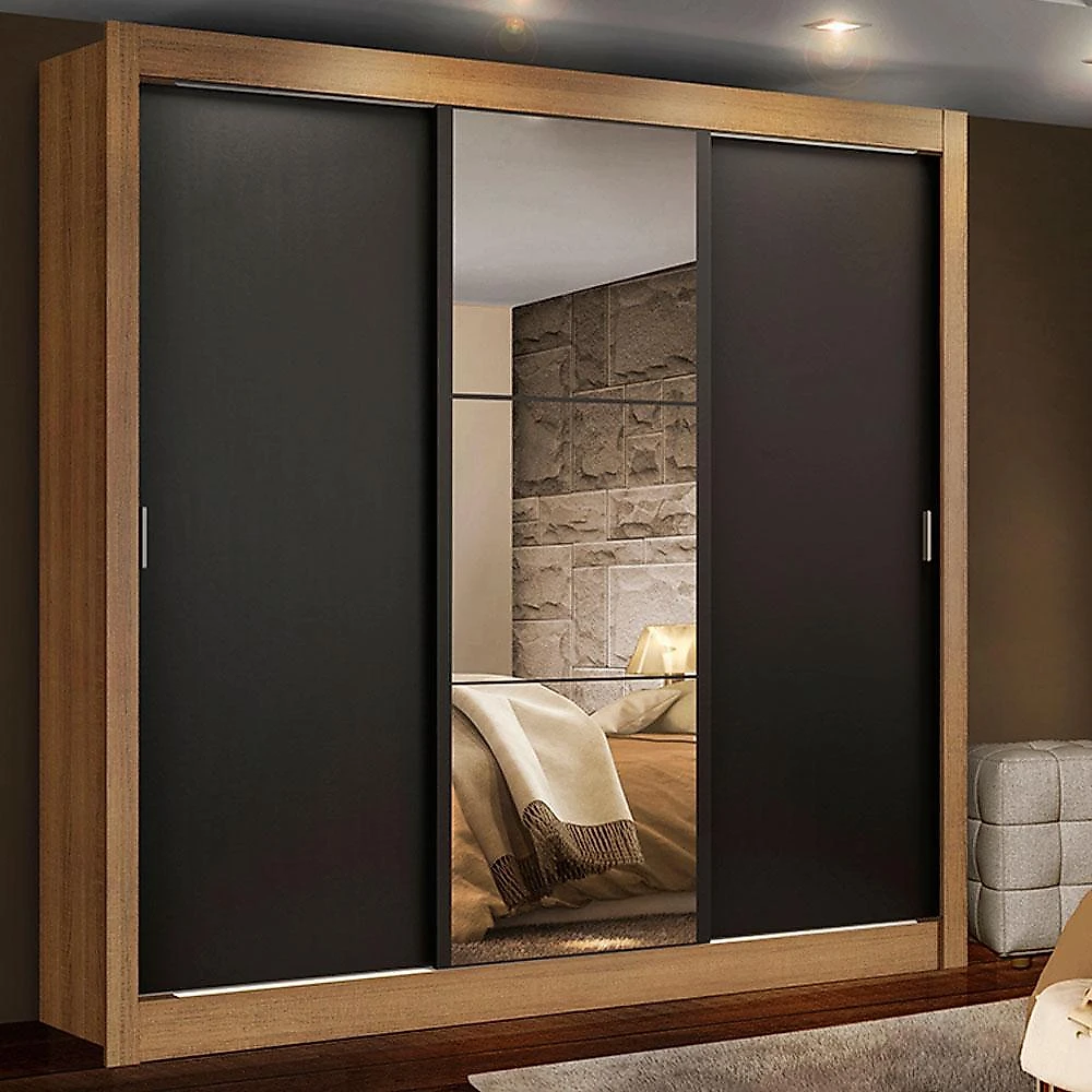 Guarda roupa casal madesa lyon 3 portas de correr com espelho 2 gavetas - rustic/preto
