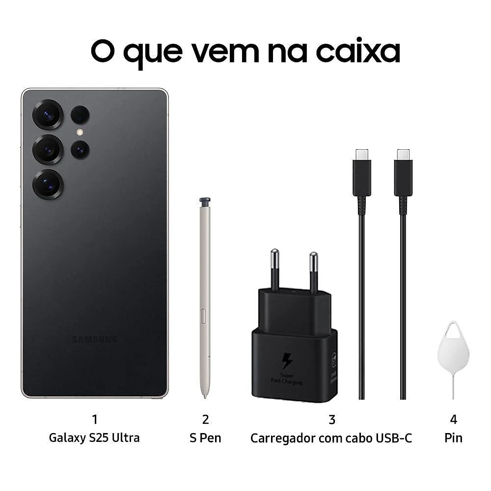 Smartphone samsung galaxy s25 ultra titânio preto 256gb, tela 6.9", 12gb ram, ai inteligência artificial, ip68, s-pen, snapdragon 8 elite e 4 câmeras