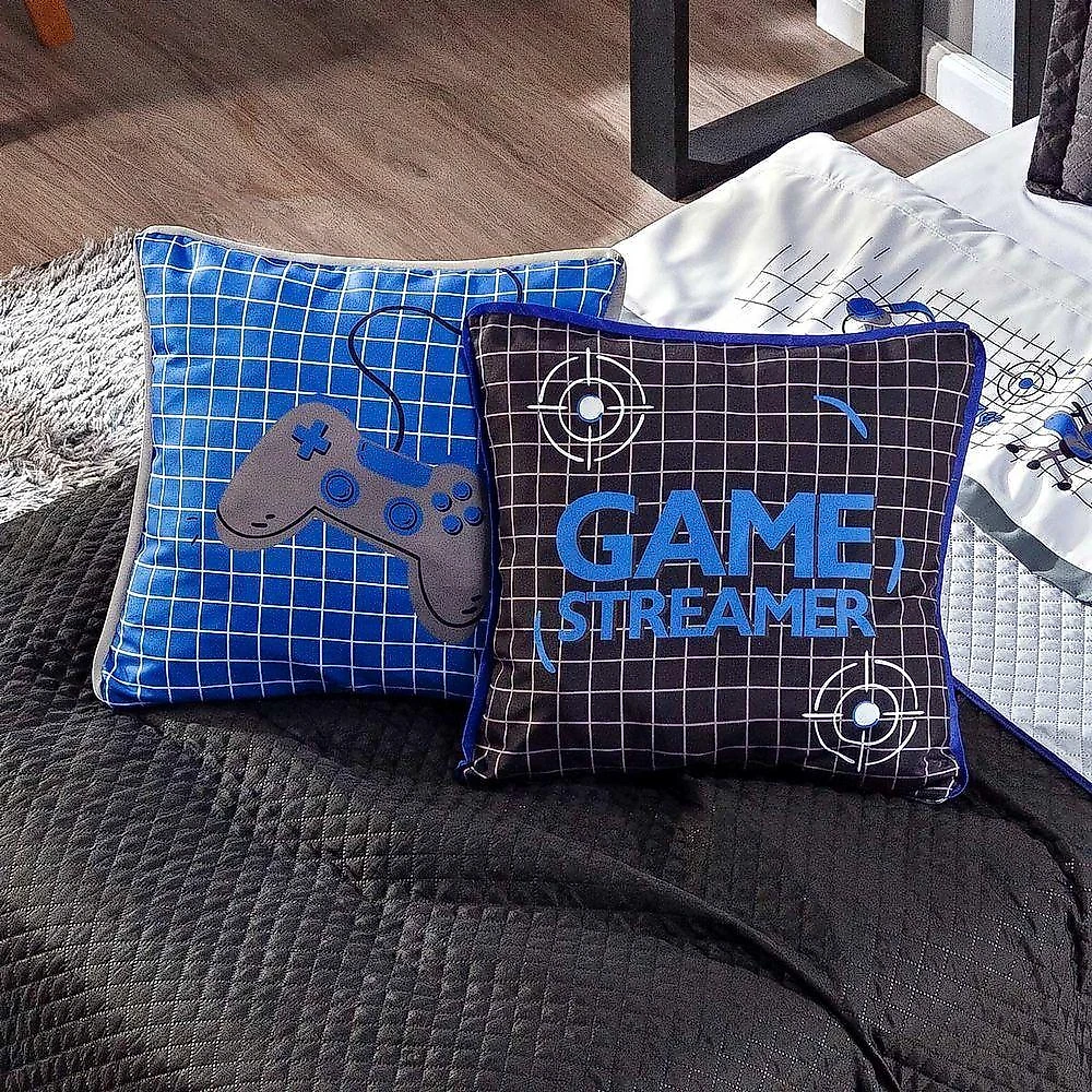 Kit Cobre Leito Colcha Queen Game Streamer Azul Dupla Face Com Almofadas Estampadas 07 Peças