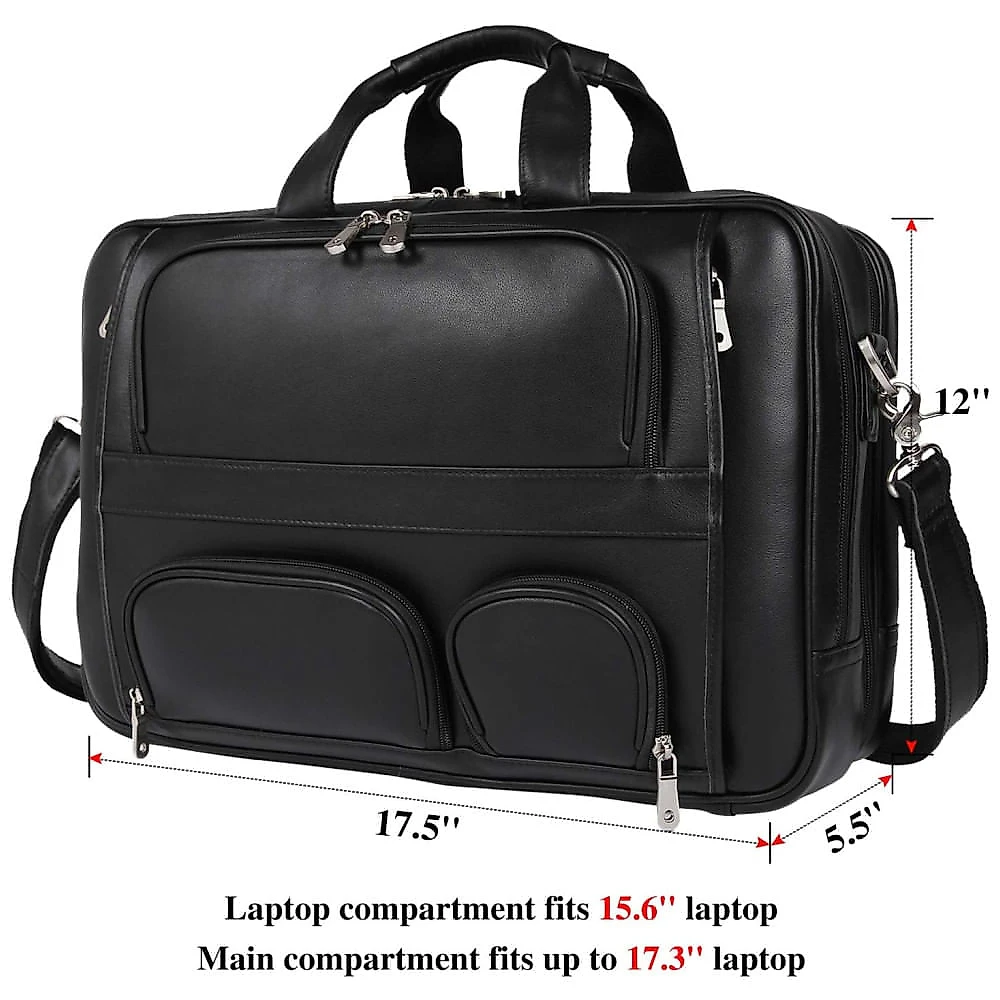 Bolsa Carteiro Masculina de Couro Genuíno para Laptop com 17,3 Polegadas e Fecho em Zíper, Texas, Preta 110v