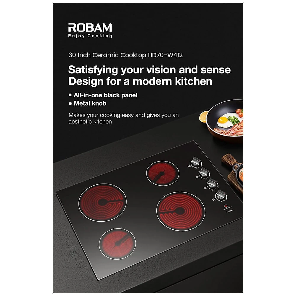 Cooktop elétrico de embutir 76cm Robam W412 vidro cerâmico preto 4 zonas radiantes 7000 W 220V