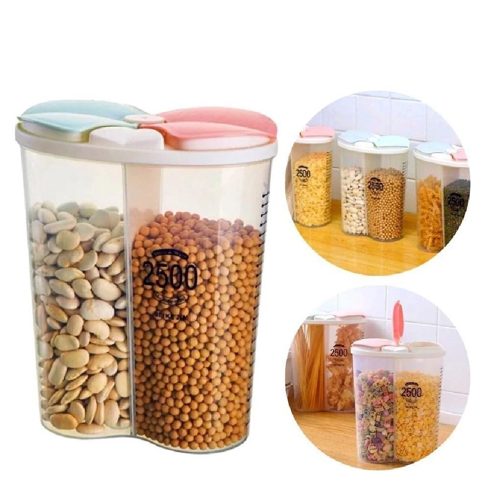 Pote Organizador Duplo Porta Mantimentos Plástico Transparente Multiuso com Divisória 2,5L