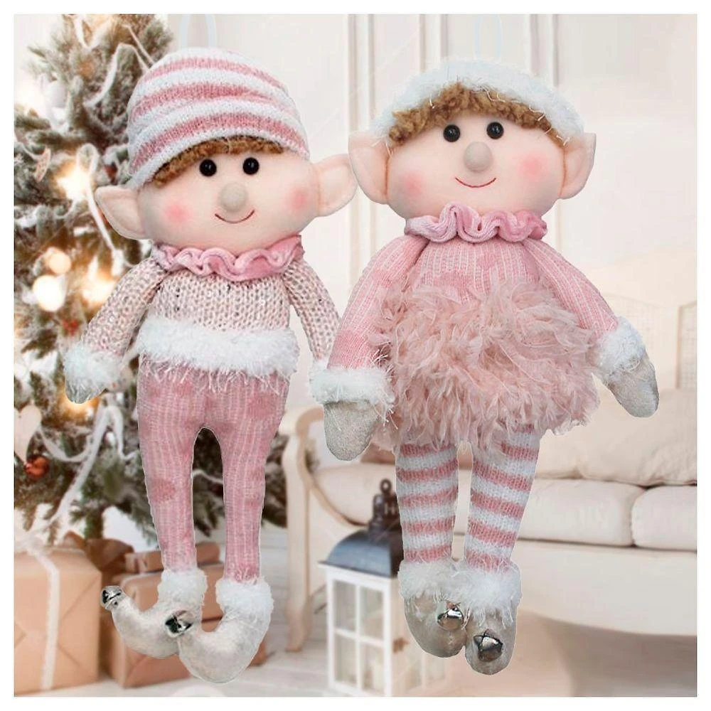 Dupla Boneco Natalino Pendente Duende Rosa Natal