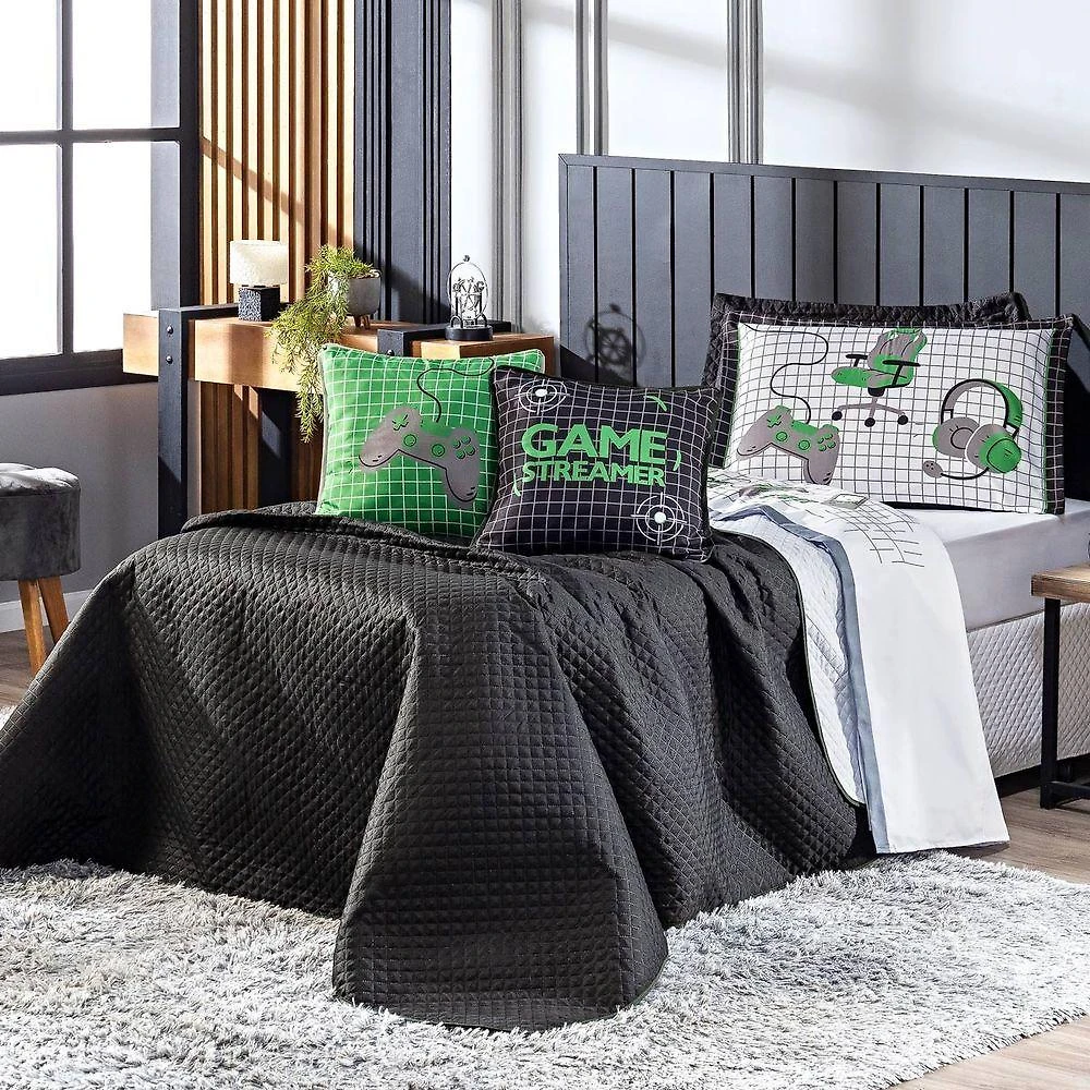 Kit Cobre Leito Colcha Casal Padrão Game Streamer Verde Dupla Face Com Almofadas Estampadas 07 Peças