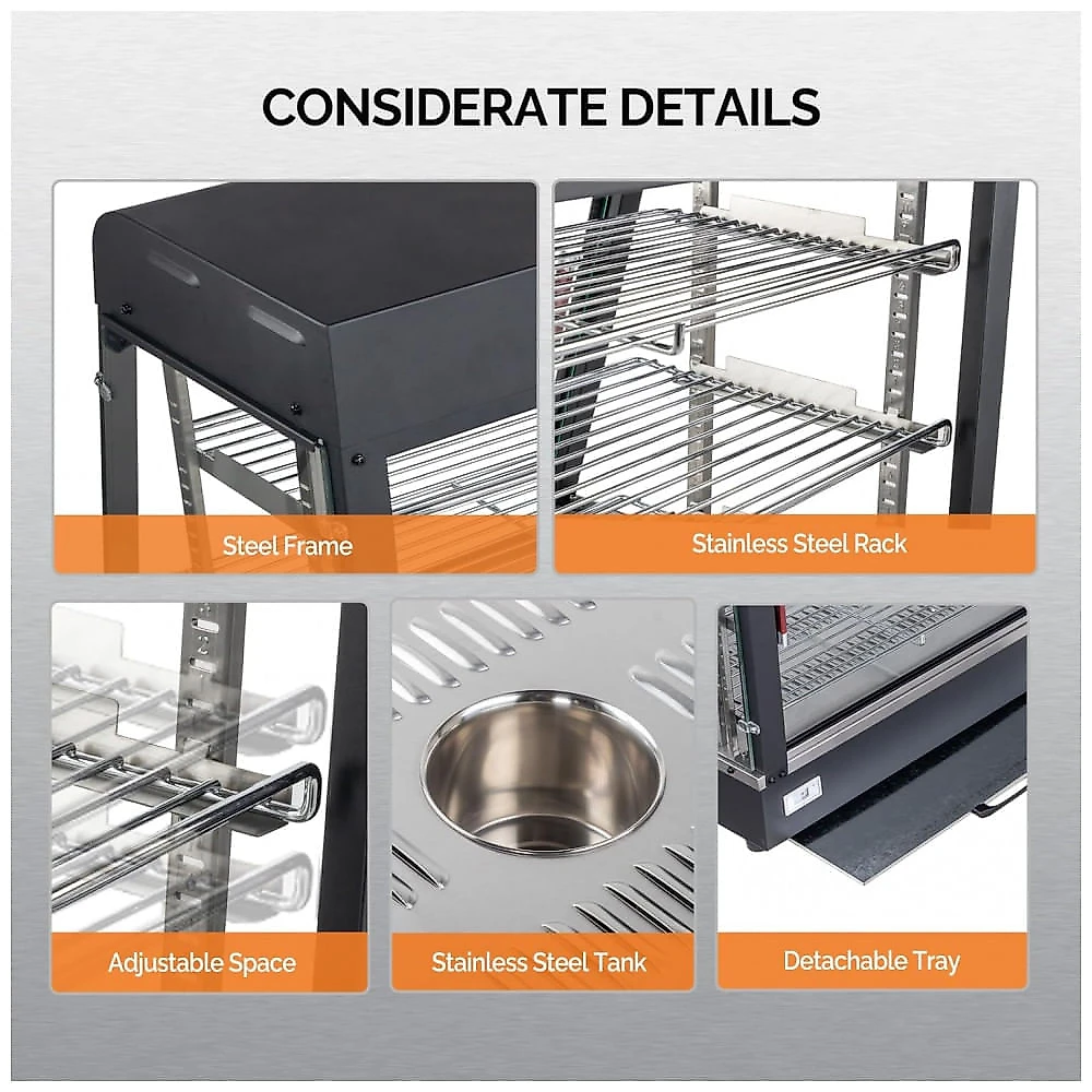Expositor Aquecedor de Alimentos ROVSUN Preto 3 Níveis 122 cm com Prateleiras Ajustáveis Removíveis e Portas Duplas, 110V.