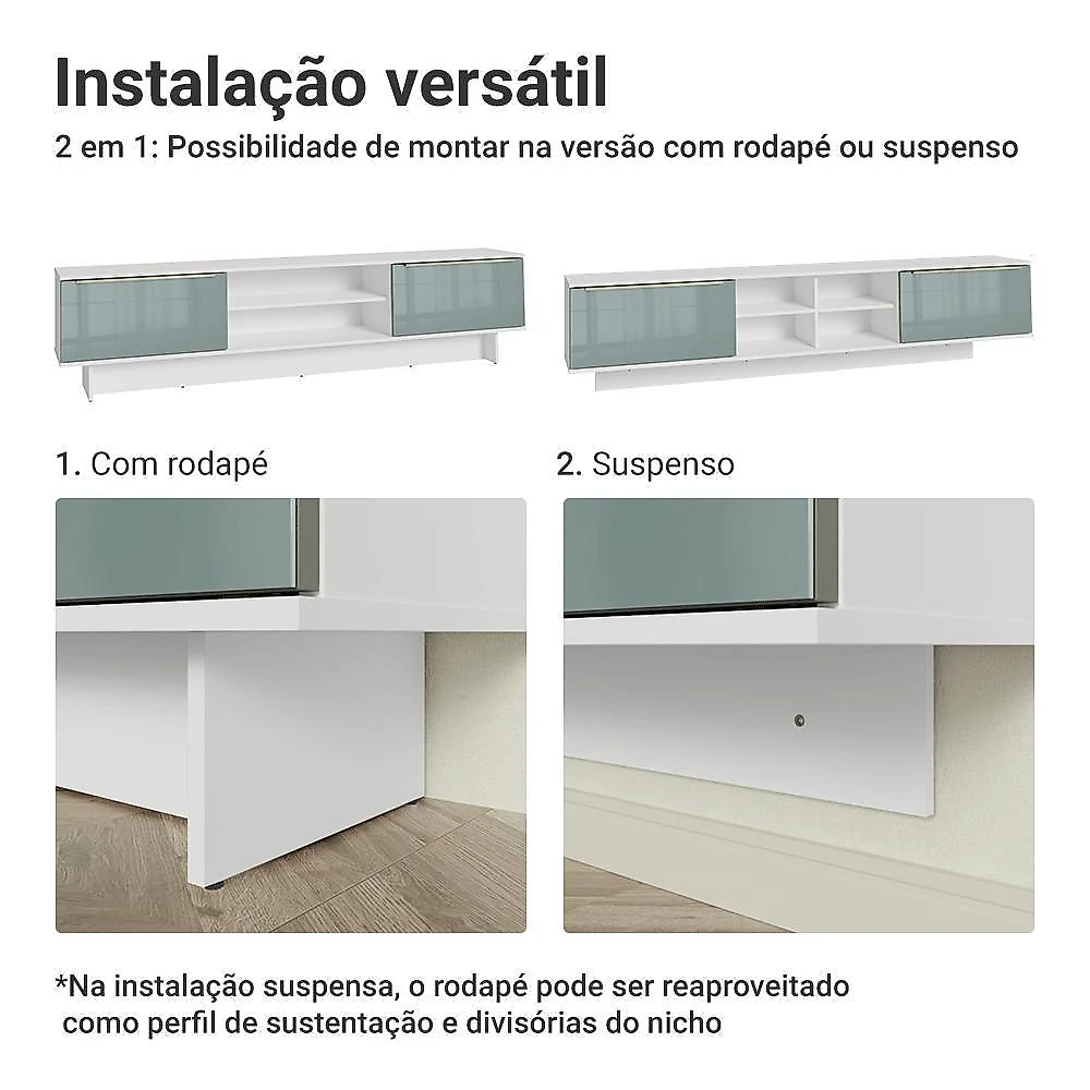 Rack suspenso para tv até 80 polegadas 218 cm 2 portas branco/cinza lux madesa