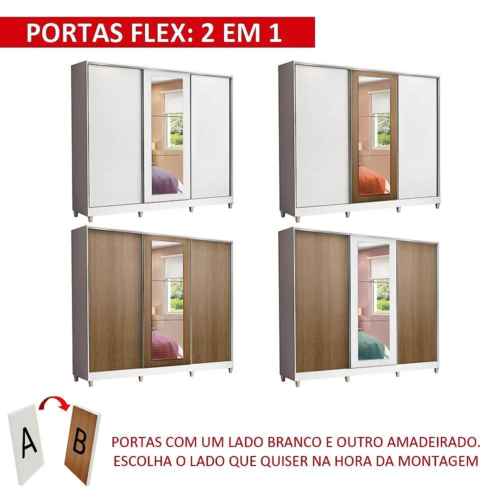 Guarda roupa casal 100% mdf madesa eros 3 portas de correr com espelho com pés - branco/rustic