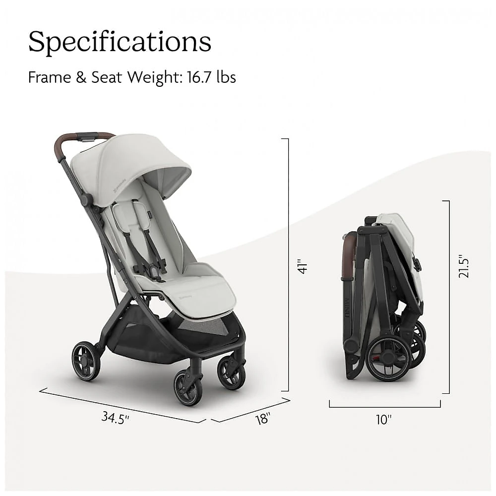Carrinho de Bebê Compacto UPPAbaby Minu V3 Savannah Cinza Pérola/Alumínio Carbono/Couro Castanho, Dobrável com Uma Mão, Leve, Compatível com Assentos