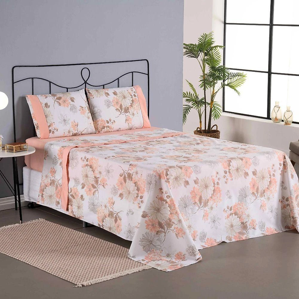Jogo Cama Lençol Encanto Queen Estampado Percal 180 Fios C/ Ponto Palito 4 Peças - Floral - Salmão