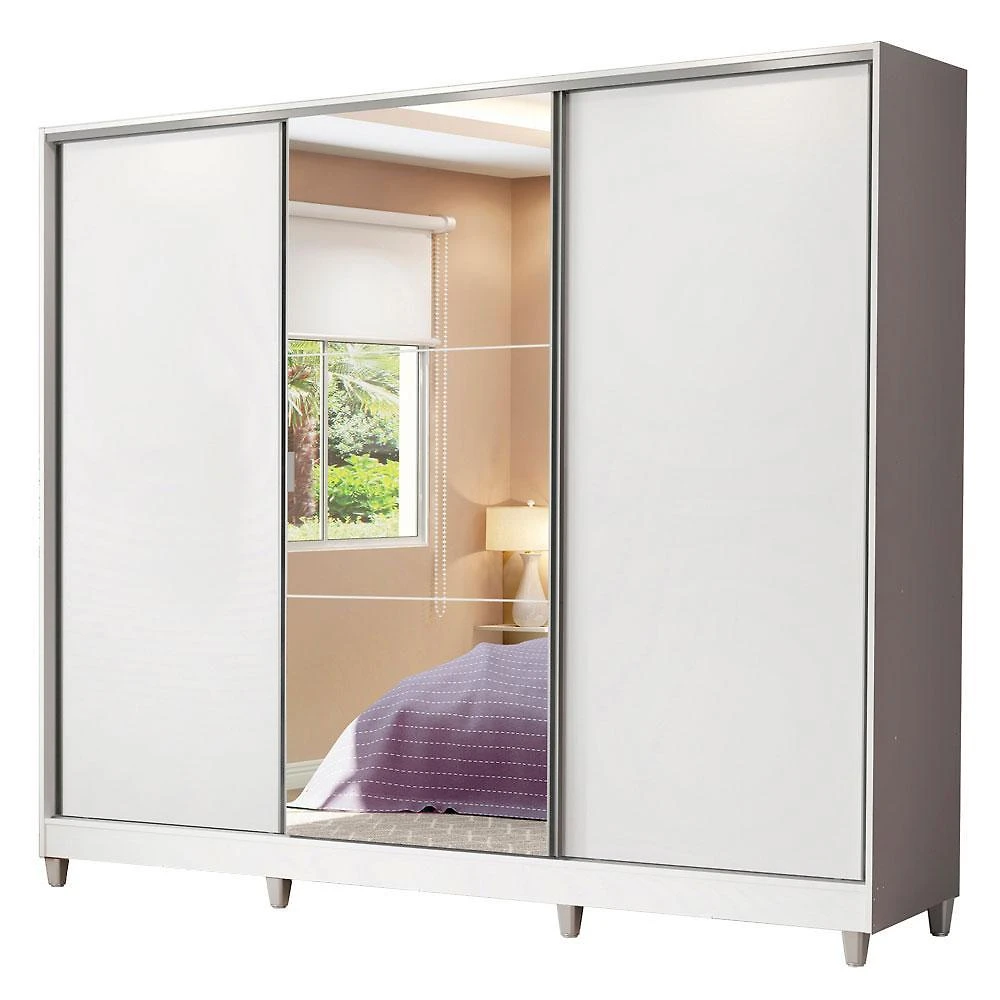 Guarda roupa casal 100% mdf madesa zurique 3 portas de correr com espelho com pés - branco