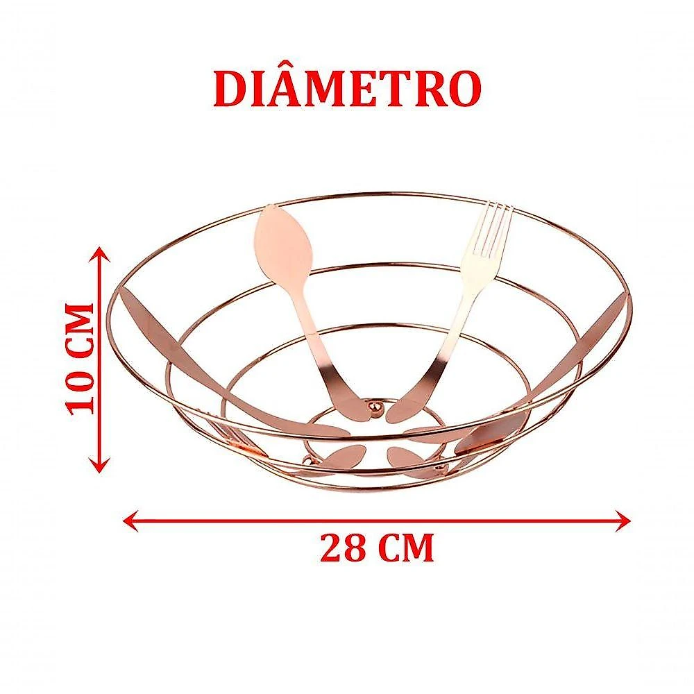Kit Fruteira Frutas Artificial Isopor E Cesta Rose Gold Inox