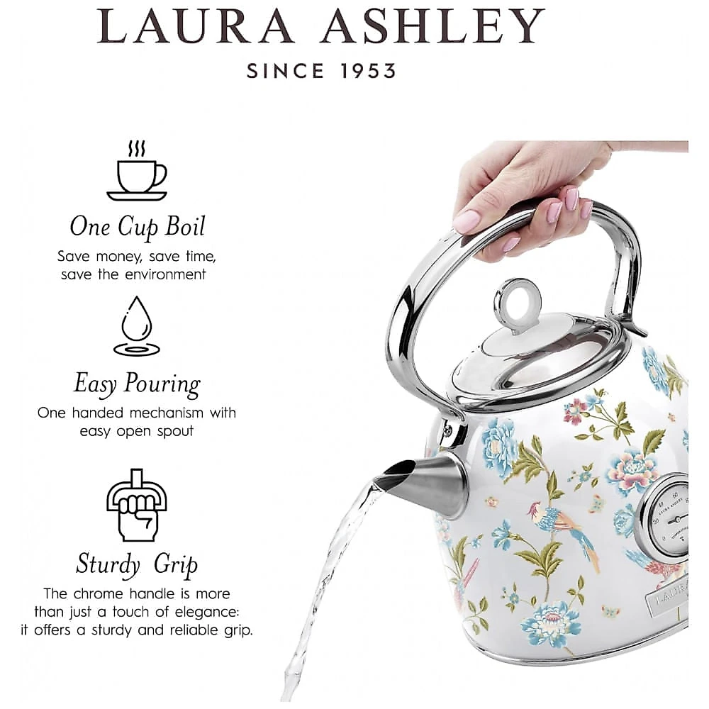 Chaleira Elétrica Laura Ashley 1,7L Inox Branco com Estampa Floral Elveden, Termômetro Externo, Filtro Removível, Dome VQ-SBPKK336-LAEW-US 1500W 110V
