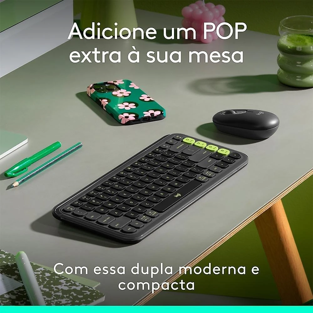Kit Teclado e Mouse Sem Fio Logitech POP Icon com Teclas e Botões Personalizáveis, Silencioso, Bluetooth, Grafite - 920-013056