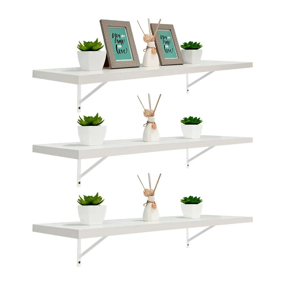 Kit 3 Prateleiras Mão Francesa 90X20CM MDP Suporte Invisível Sala Branco Mercado das Prateleiras