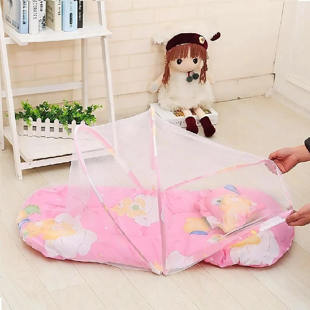 Berço Mosquiteiro Portátil com Colchonete e Travesseiro Rosa para Bebê Yeet