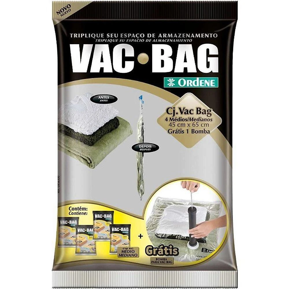Kit Saco para Armazenagem a Vácuo Vac Bag 4 Médios com Bomba 45X65CM Ordene