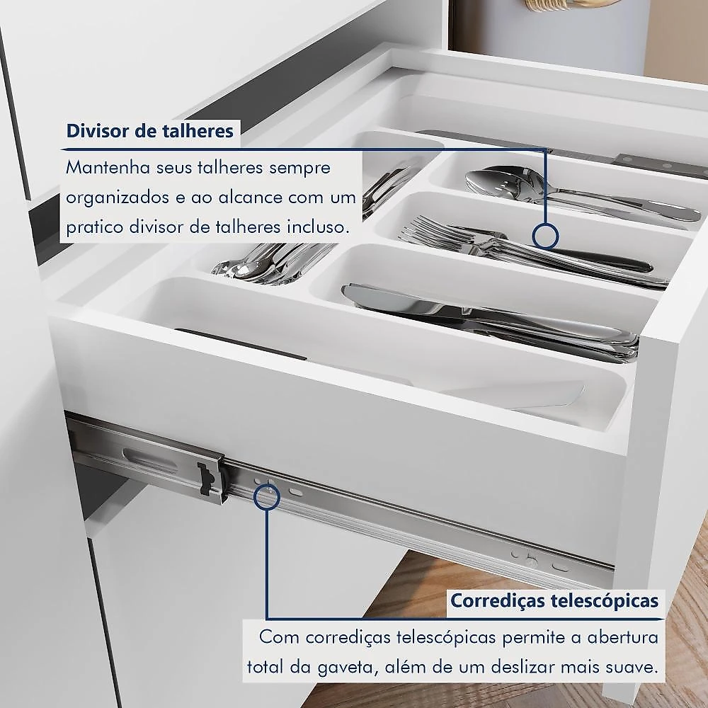 Balcão 1 Porta Basculante 4 Gavetas 120Cm  100% Mdf Rainha Branco/Nature