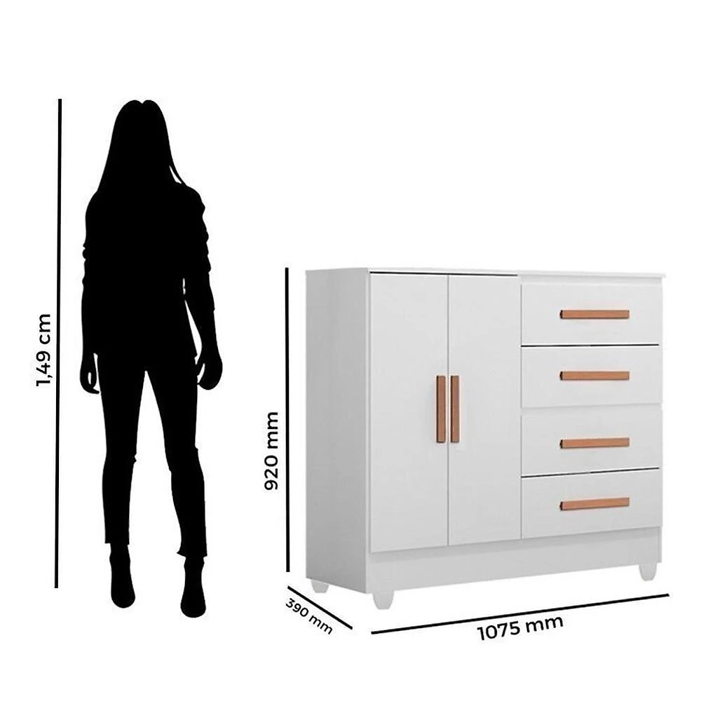 Quarto Bebê Infantil com Guarda-roupa 4 Portas e 2 Gavetas com Cômoda 4 Gavetas e 2 Portas Lite Branco