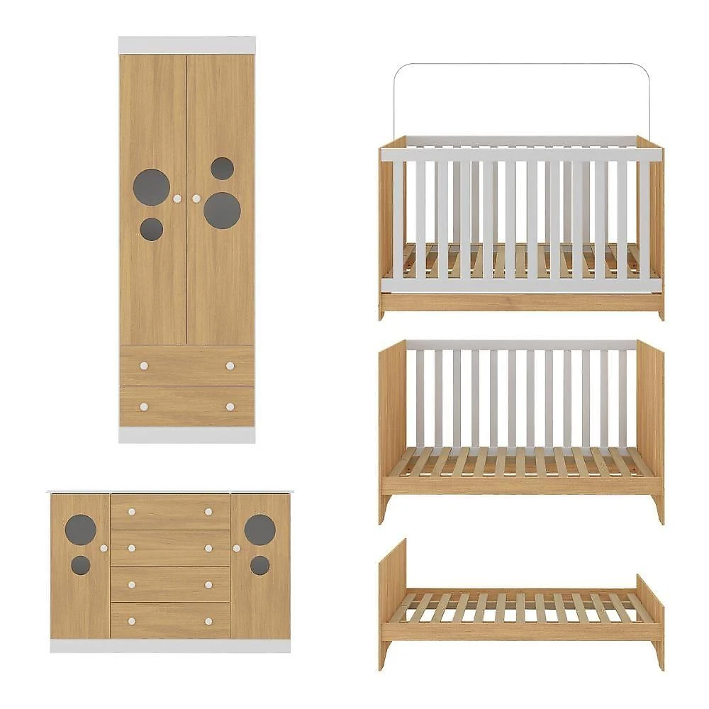 Quarto De Bebê Completo Berço Americano 3 Em 1 Colchão Pirulito Multimóveis MP4641 Branco-madeirado