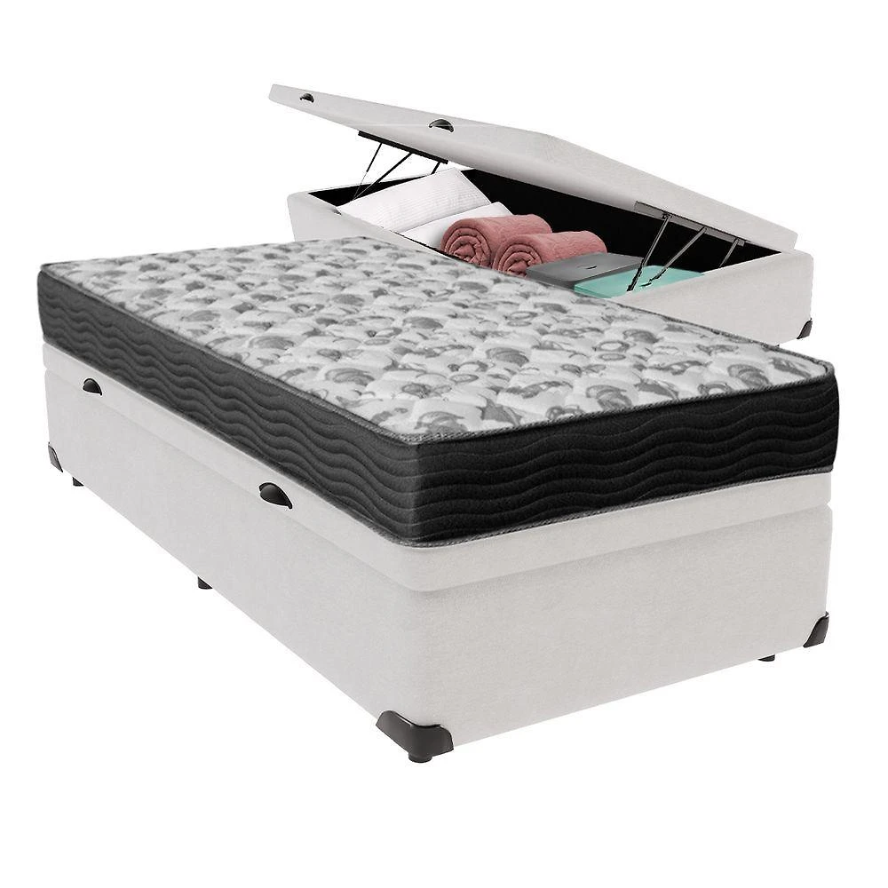 Conjunto Cama Box Baú Solteiro Branca Colchão D33 Ortobom