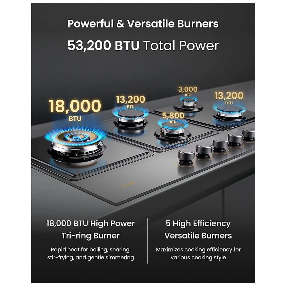 Cooktop a gás 5 queimadores Fotile vidro temperado cinza Moonshadow queimador triplo 18.000 BTU layout em losango 110V