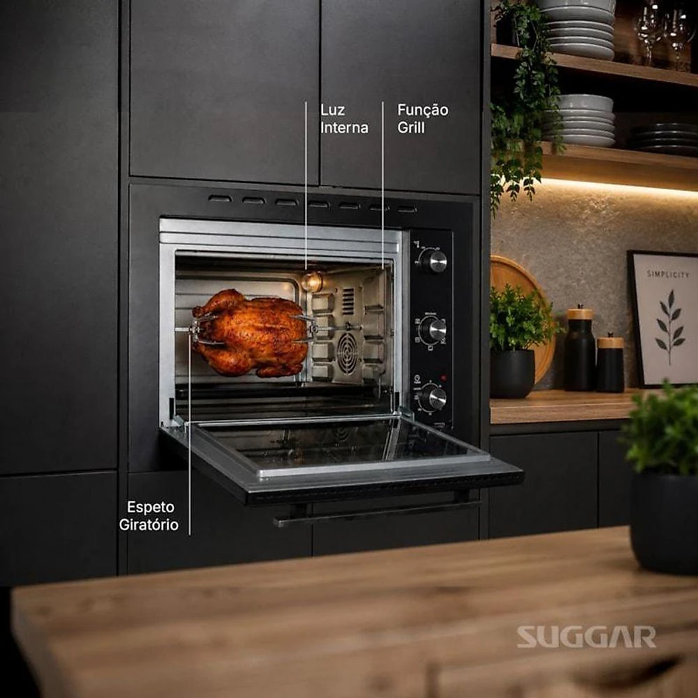 Forno Elétrico Embutir Suggar FE5001PT 50L 1800W Grill Espeto Giratório Preto 110V