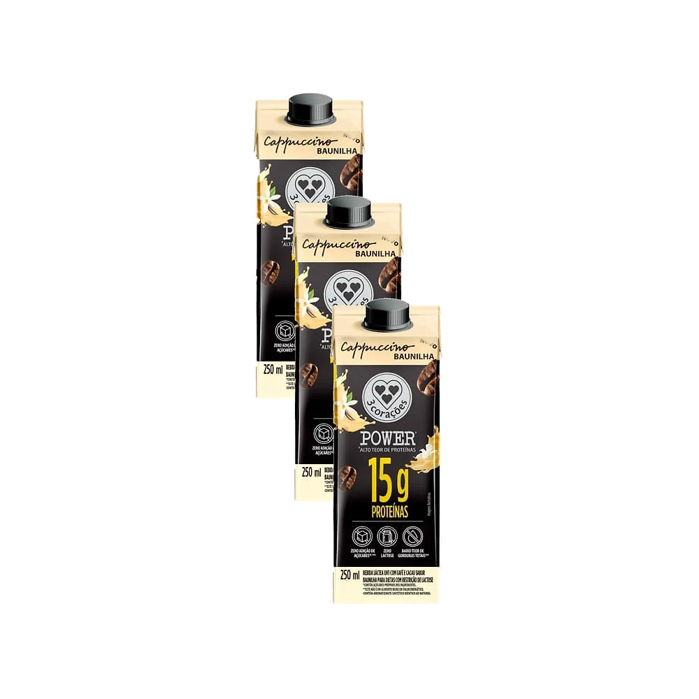 Kit 3 Bebida Lactea 3 Corações Power Cappuccino Baunilha 15G Proteínas 250ml