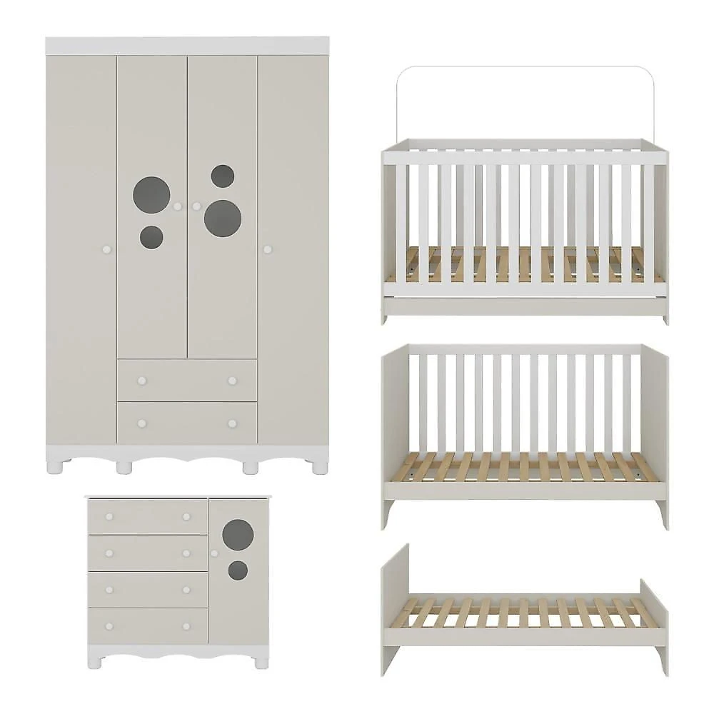 Quarto De Bebê Completo Berço Americano 3 Em 1 Colchão Suspiro Multimóveis MP4632 Branco-off White