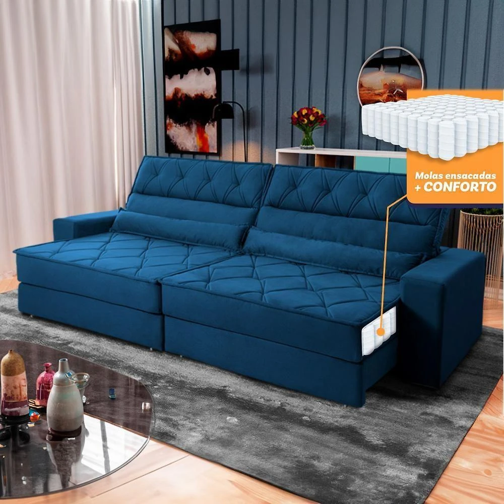 Sofá Retrátil Reclinável 2,50m Albany Suede Velut Azul Marinho Molas Ensacadas - King House