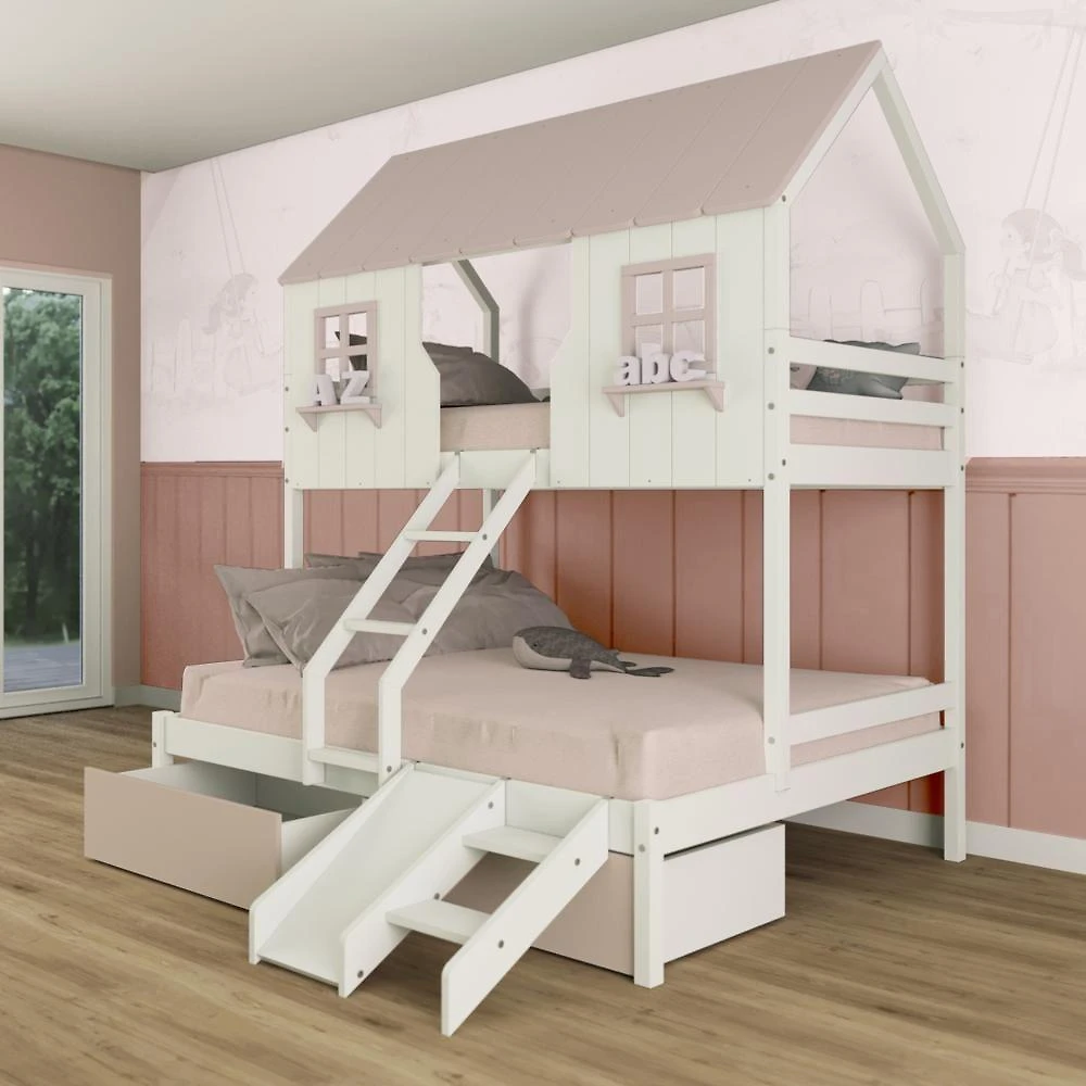 Beliche Casal/ Solteiro Casinha Encantada Com 02 Gavetas Kit Escorregador Madeira Maciça Branco/ Rosa Megamobilia