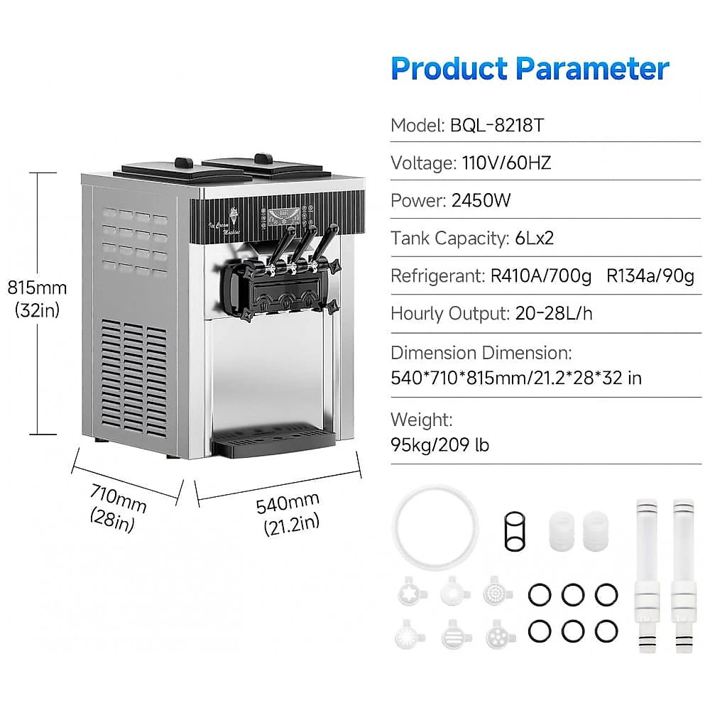 Máquina Comercial de Sorvete Soft Serve EKway Aço Inox 3 Dispensadores LCD Limpeza Automática BQL-8218T, 220V