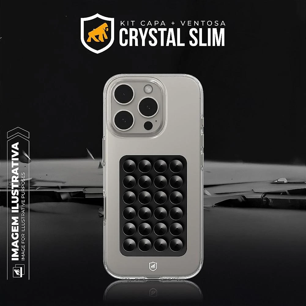 Kit Capa Crystal Slim para Iphone 15 Pro Max + Ventosa Preta