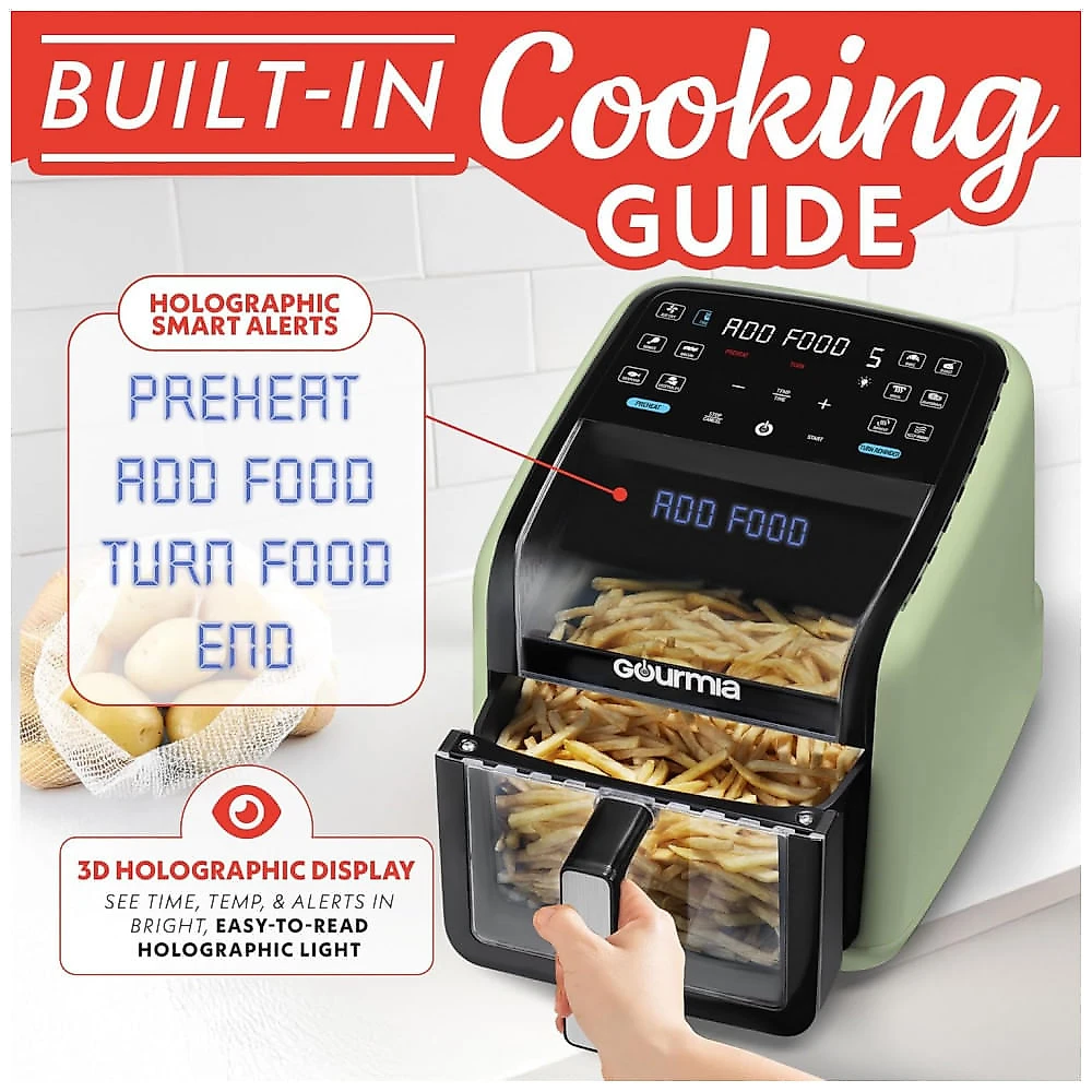 Fritadeira Elétrica Air Fryer Gourmia verde 6,6L Janela Panorâmica 12 Programas FryForce 360 1500W 110V