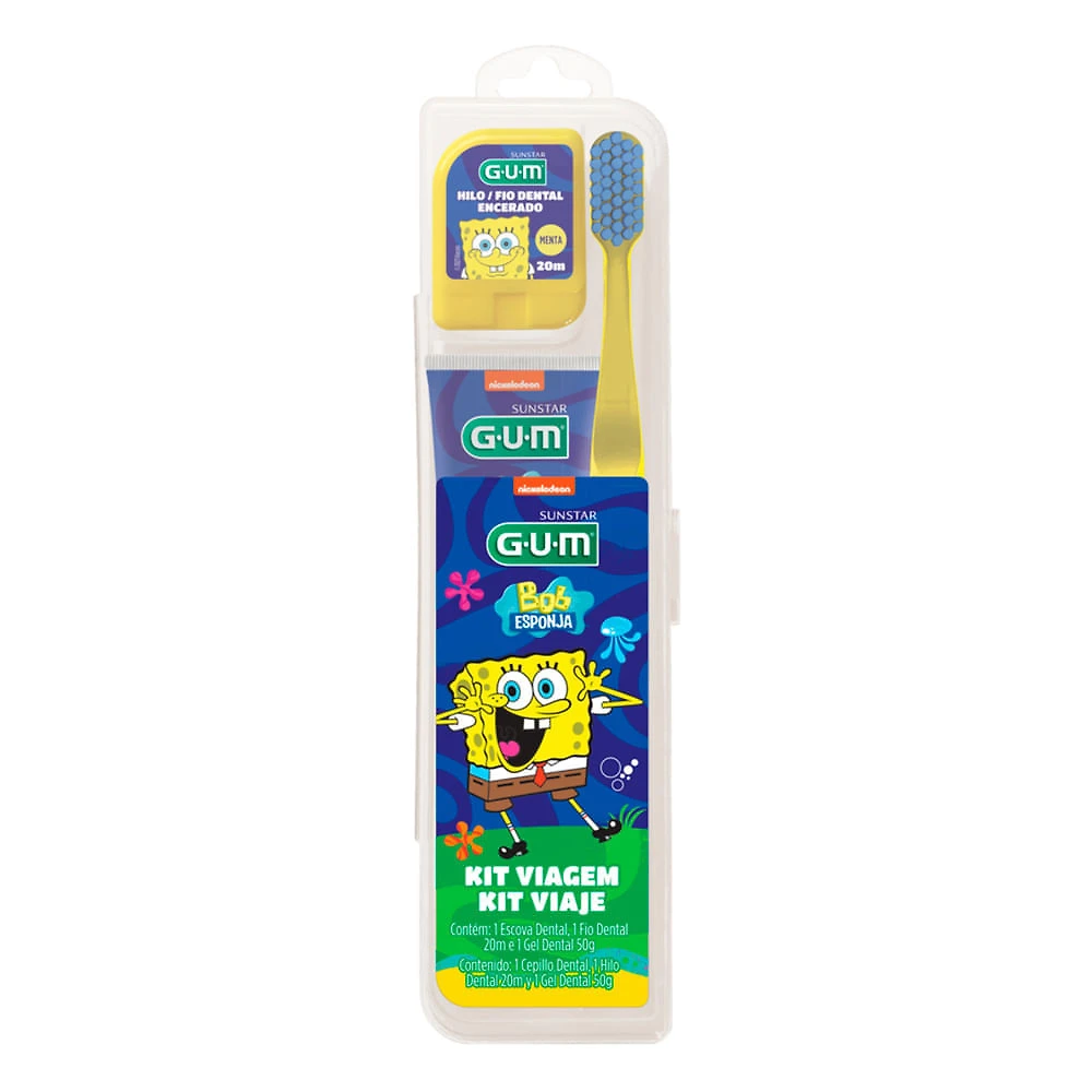 Kit Viagem GUM Bob Esponja com 1 Escova Dental + 1 Fio Dental 20m + 1 Gel Dental 50g + Estojo