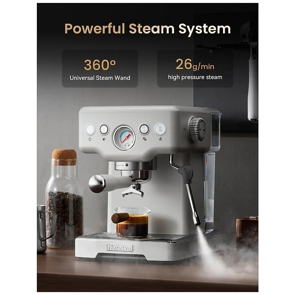 Máquina de Café Espresso 15 Bar, Vaporizador de Leite, Manômetro Visível, 1,8L, Neretva, Inox, 110V - Branca